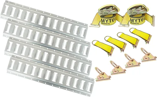 Mytee Products Kit de amarre E-Track de 14 piezas, 4 rieles horizontales de 5 pies, 2 correas de trinquete Etrack de 2 pulgadas x 12 pies, 4 juntas