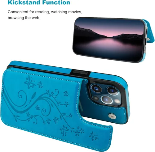 Miniatura 4 de Vaburs Funda compatible con iPhone 13 Pro Max con tarjetero y diseño de mariposa en relieve, de piel sintética, doble botón, a prueba de golpes, Azul