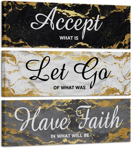 iKNOW FOTO 3 piezas de arte de pared negro gris y dorado Accept Let Go Have Faith para dormitorio, decoración de pared de mármol rústico, citas
