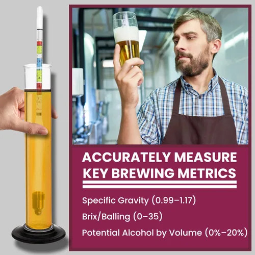 Miniatura 3 de Fermtech Kit de Hidrómetro de Triple Escala de Vidrio - Prueba ABV, Brix, gravedad para vino, cerveza, hidromiel y kombucha, con paño de microfibra