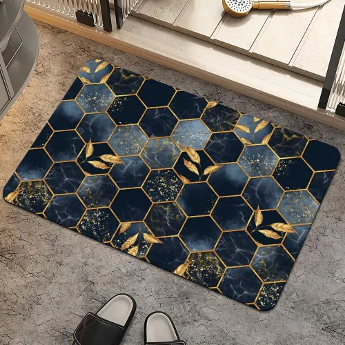 Miniatura 10 de Alfombra de baño, diseño abstracto de mármol azul y dorado, antideslizante, de secado rápido, súper absorbente, delgada, para debajo de la puerta