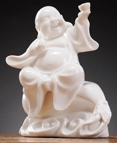 Miniatura 6 de QINLANG Pequeña estatua de Buda riendo blanca de cerámica para buena suerte, estatua de Buda feliz de la suerte sentado en bolsa de dinero