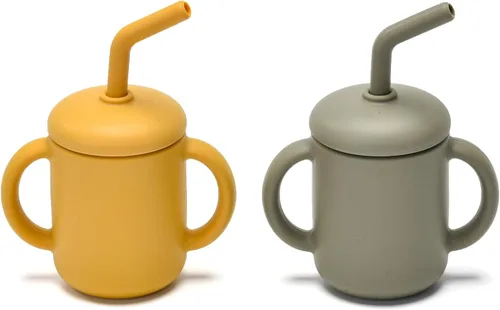 Miniatura 8 de Paquete de 2 tazas para beber 100% silicona para bebé, taza pequeña de entrenamiento de silicona con asas y popote para bebés y niños pequeños verde
