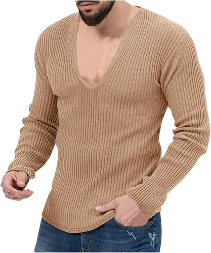 Blusas ligeras para hombres Punto Cuello en V Camisa Manga Larga Tops ajustados Color sólido Jersey Deportivo túnicas