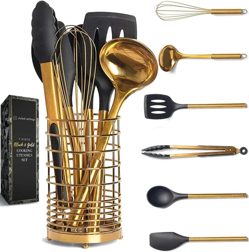 Juego de utensilios de cocina negros y dorados, herramientas de cocina de silicona de 7 piezas con soporte dorado para utensilios de cocina 7 piezas