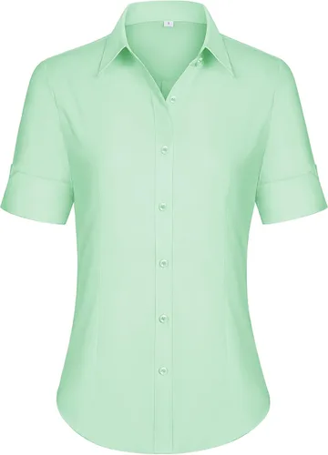 Miniatura 20 de siliteelon Camisas de vestir de manga corta con botones para mujer, camisas de algodón con botones para mujer, blusa ajustada de manga 3/4