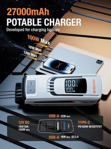 Miniatura 4 de YESPER Paquete de batería de arranque de impulso 4120A 27000mAh Cargador de batería de coche Arrancador auxiliar (todo gas/hasta 10L diésel) 100W