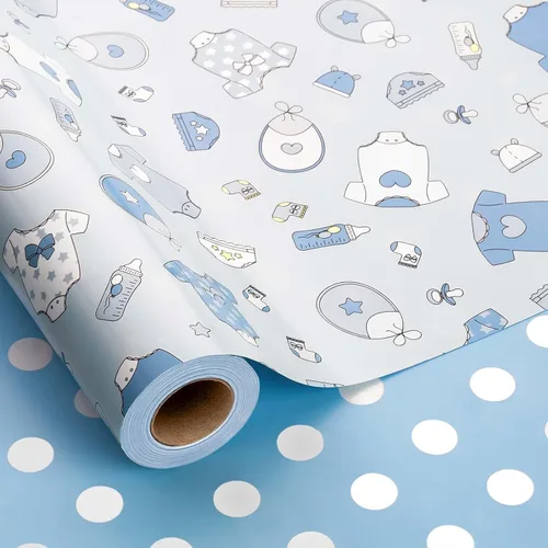 MAYPLUSS Rollo de Papel de Regalo para Recién Nacido - 17 Pulgadas x 4.76 Metros - Lindo Diseño de Snapsuit y Botellas de Bebé Azul para Niño,