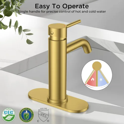 Miniatura 5 de FORIOUS - Grifo de baño dorado de 1 agujero, grifo de lavabo de acero inoxidable con desagüe emergente de metal y manguera de suministro, adecuado