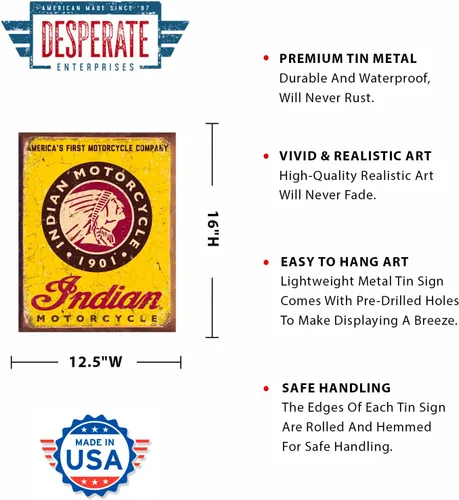 Miniatura 2 de Desperate Enterprises Indian Motorcycle Since 1901 - Letrero de hojalata nostálgico vintage de metal, fabricado en Estados Unidos Motocicletas