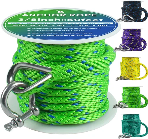 Miniatura 24 de Cuerda de anclaje premium de 100 pies x 3/8 pulgadas, cuerda marina de línea de anclaje MFP trenzada sólida con dedal y grillete, color negro