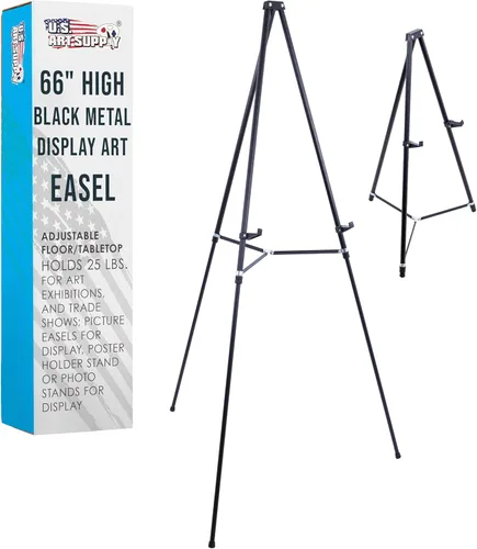 U.S. Art Supply Caballete de Arte de Exhibición de Metal Negro de 66 pulgadas de Alto – Soporte de Caballete Portátil de Altura Ajustable Grande,