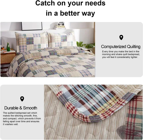 Miniatura 4 de Juego de colcha a cuadros Ycosy, color beige, tamaño king, ropa de cama de retazos, colcha reversible, colcha a cuadros, colcha ligera, suave, juego
