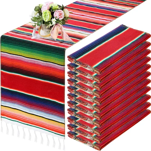 Miniatura 13 de Tegeme 12 Piezas Caminos de Mesa Mexicanos 14 x 84 Pulgadas Camino de Mesa Mexicano Serape Manta Decorativa con Flecos de Algodón Decoración