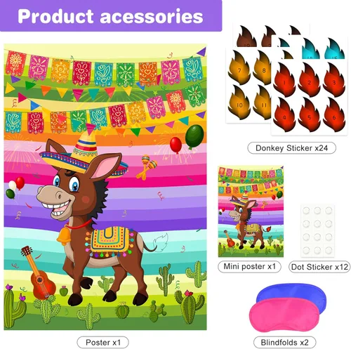 Miniatura 3 de NEBURORA Pin The Tail on The Donkey Juego de burro mexicano con 24 colas para fiesta del Cinco de Mayo, fiesta mexicana, fiesta temática de taco