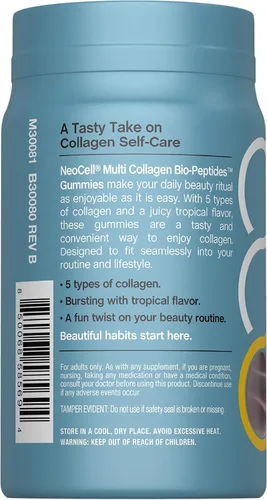 Miniatura 3 de NeoCell Gomitas bio-péptidos de colágeno múltiple 60 unidades Sabor tropical Tipo I, II, III, V, X Fórmula bioactiva avanzada