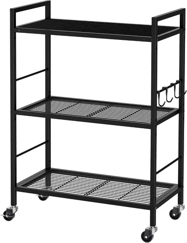 Miniatura 10 de Estante de almacenamiento de metal de 3 niveles con ruedas industriales, estantería de malla con mesa de madera, estante ajustable, 23.6 pulgadas