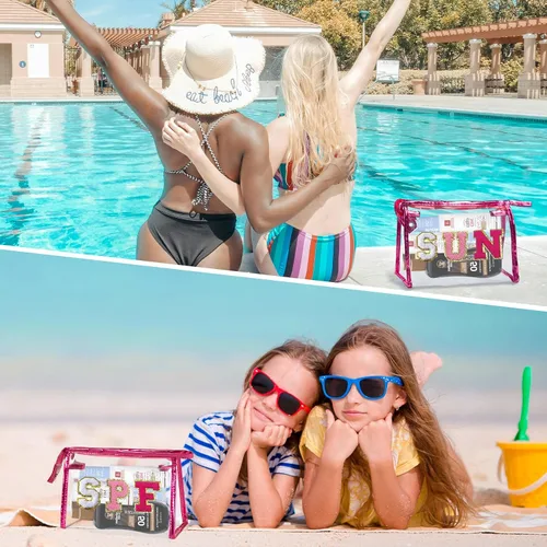 Miniatura 5 de COSHAYSOO Bolsa de Maquillaje Transparente con Protección Solar, Bolsa de Protector Solar con Parches de Letras, Accesorios Esenciales de Playa