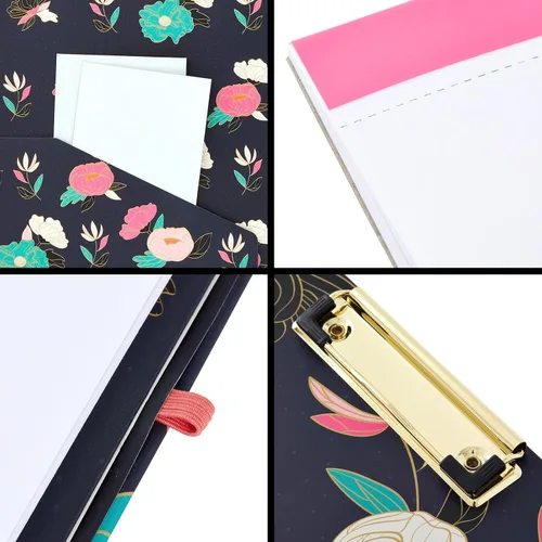 Miniatura 4 de Paper Junkie Carpeta portapapeles floral con bloc de notas y almacenamiento, 13 x 9 pulgadas, color negro clásico, clip de perfil bajo, bolsillo