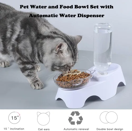 Miniatura 2 de Cuencos dobles para perros y gatos, antivómitos, cuencos elevados para comida para gatos con soporte elevado inclinado de 15° y dispensador
