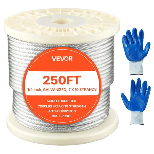 VEVOR Cuerda de alambre, cable de acero al carbono galvanizado de zinc de 1/4 de pulgada y 250 pies con guantes, 7000 libras de resistencia a la