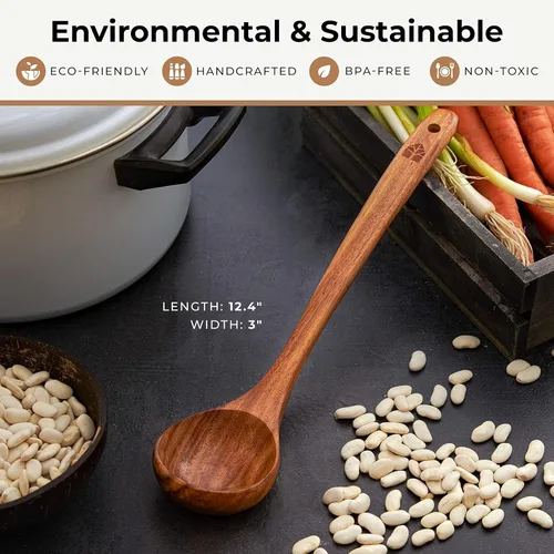 Miniatura 6 de Cucharón de madera para cocinar, cuchara de sopa - Cuchara de madera de teca, mango de 12.4 pulgadas, tamaño mediano de 2 onzas, ecológico, natural
