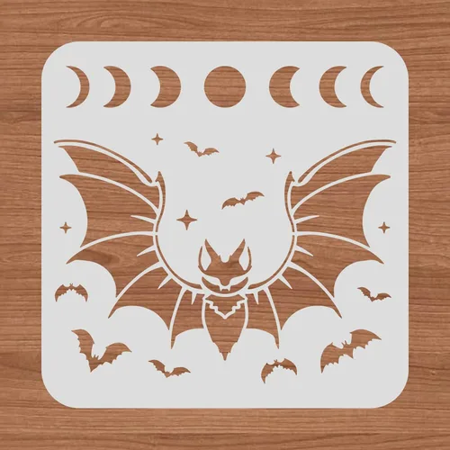 BENECREAT Plantilla de pintura de recortes de plástico de murciélago de 12 x 12 pulgadas, patrón de fase lunar para decoración de Halloween, para