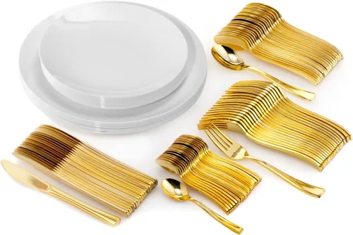 Miniatura 10 de Trendables Juego de platos desechables con cubiertos, color verde para 40, incluye 40 platos, juego de cubiertos con tenedores de plástico