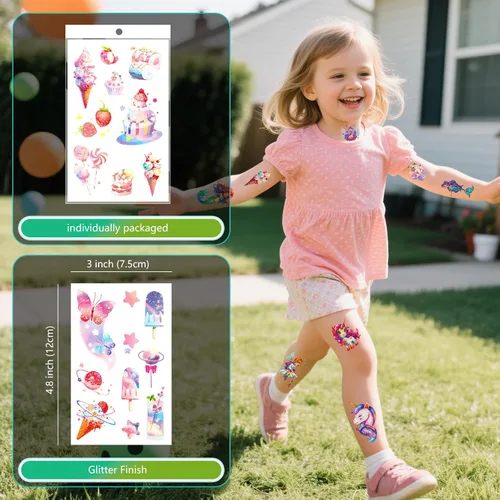 Miniatura 8 de Más de 150 tatuajes temporales con purpurina para niñas – Adhesivos impermeables envueltos individualmente – Sirena, unicornio, hada, mariposa y más
