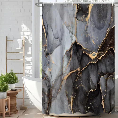 Miniatura 59 de Cortina de ducha abstracta de mármol negro gris y dorado con grietas, cortina de baño moderna ombre impresa, cortina impermeable y lavable de tela