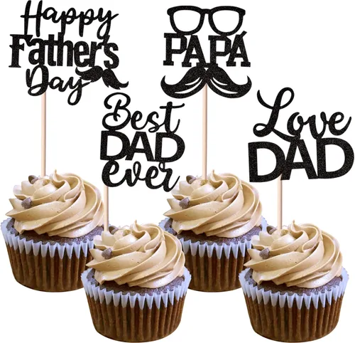 Miniatura 16 de Paquete de 24 adornos para cupcakes con purpurina para el Día del Padre, con purpurina para el mejor papá del mundo, sombrero de bigote #1