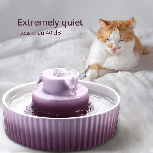 Miniatura 6 de Fuente de agua de cerámica para gatos, 2.1L/71 onzas, fuente para cupcakes para gatos y perros en interiores, 2 bombas ultra silenciosas (morado)