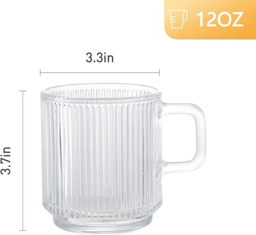 Miniatura 2 de D.M DESIGN·MASTER Paquete de 6, 12 onzas – Tazas de café de vidrio premium con asa. Vasos de té transparentes para bebidas calientes/frías, diseño