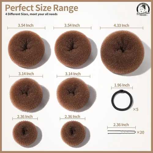 Miniatura 2 de Teenitor Creador de Moños para el Cabello, 7 piezas de Donuts para Moños (1 Extra Grande, 2 Grandes, 2 Medianos, 2 Pequeños), Marrón Claro D-Marrón