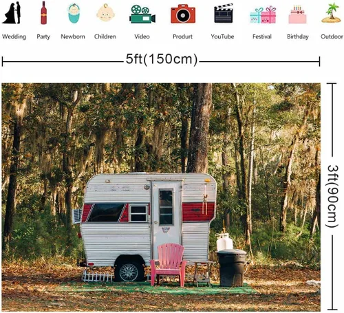 Miniatura 2 de Fondo de campamento para fiesta, campamento, 5 x 3 pies, bosque soleado, caravana, remolque, paisaje de naturaleza, fotografía de fondo, utilería