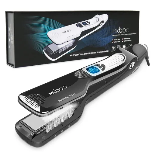 Plancha de pelo con vapor, plancha plana de vapor de cerámica Nano Titanium profesional con peine extraíble+LCD digital+temperatura ajustable de 5