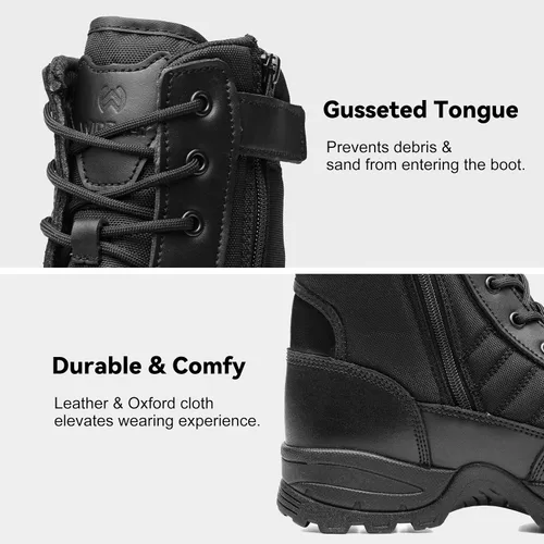 Miniatura 6 de Botas tácticas para hombre, 8 pulgadas, cremallera lateral, botas militares de combate de cuero, botas de trabajo para hombres, policía, motocicleta