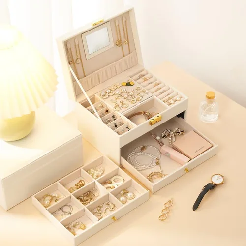 Miniatura 7 de HALUS HAUNTER Joyero organizador de cuero sintético con cajón, joyero grande con forro de terciopelo, organizador de aretes y organizador de joyas