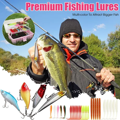 Miniatura 4 de RoundFunny Caja grande de 517 piezas de 3 capas con señuelos de pesca con aparejos que incluye alicates, pinza de labios de pez, crankbait, ganchos
