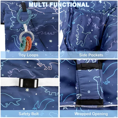 Miniatura 3 de Funda para carrito de compras para bebé, funda para silla alta 2 en 1, con arnés de seguridad, multifuncional, patrón de dinosaurio, color azul