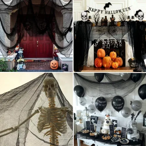 Miniatura 5 de Niurui Tela espeluznante negra de Halloween de 315 x 79 pulgadas, decoración espeluznante de Halloween para casas encantadas, suministros de fiesta