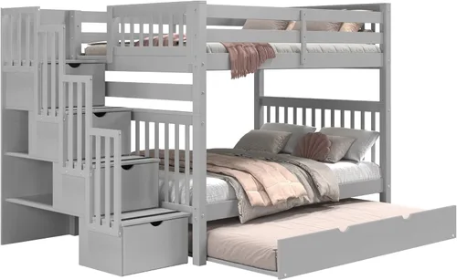 Miniatura 5 de Bedz King Literas de escalera de tamaño matrimonial sobre matrimonial con 4 cajones en los escalones y un nido completo, color gris Cerezo oscuro