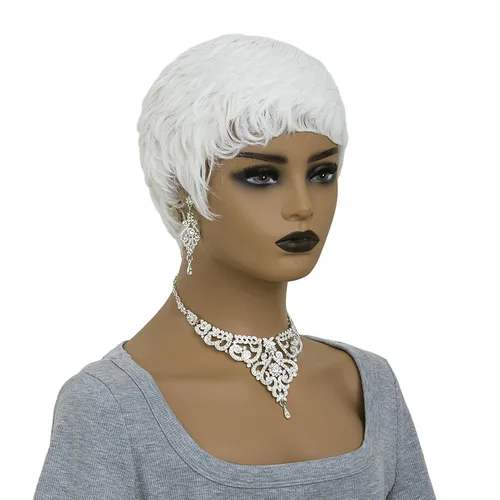 Miniatura 2 de Pelucas blancas cortas Pixie para mujeres negras, cabello sintético ondulado natural con gorra ligera, peluca corta de corte Bob con textura suave