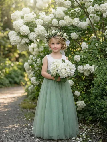 Miniatura 3 de 2Bunnies - Vestido de fiesta acampanado, con tutú de tul recto, diseño de espalda con encaje de peonías, para las niñas del cortejo nupcial