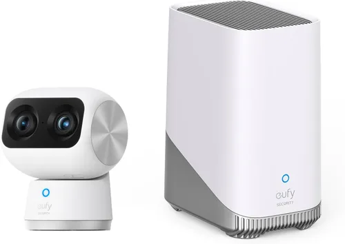 eufy Security Cámara interior S350 con HomeBase 3, cámaras duales, cámara de seguridad con resolución 4K UHD con zoom de 8× y PTZ de 360°, IA