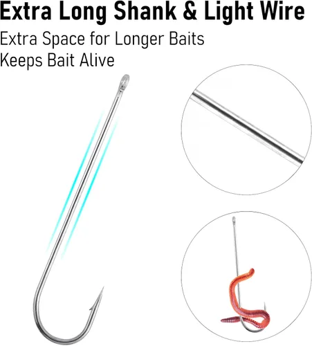Miniatura 6 de Dr.Fish Paquete de 100 anzuelos Aberdeen para pesca de agua dulce, vástago extra largo alambre ligero, Crappie/Bass/Bream/Bluegill/Pesca de Panfish