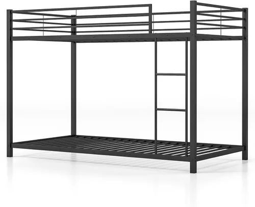 Miniatura 9 de KOMFOTT Litera baja de metal, tamaño individual sobre individual, base de cama resistente con escalera y barandillas de longitud completa, marco