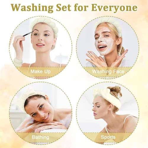 Miniatura 3 de 6 Piezas Diademas Esponjosas para Spa y Muñequeras, Beige, Diadema para Lavar la Cara y Cuidado de la Piel, Diadema Absorbente para Ducha, Yoga