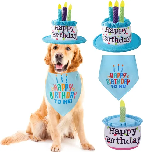 Miniatura 9 de Juego de sombrero y bandana de cumpleaños para perros grandes, sombreros ajustables para fiesta de cumpleaños para perros grandes, decoración