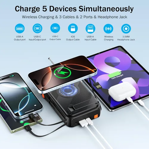 Miniatura 3 de Radio de emergencia y banco de energía solar de 22000 mAh, radio meteorológica FM NOAA, radio portátil con manivela Bluetooth, cargador de teléfono